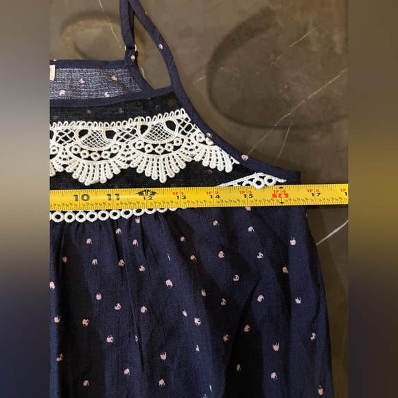 E & M Navy Blue Polka Dot Lace Trim Top Size Small Boho Embroidered Festival - Picture 10 of 12